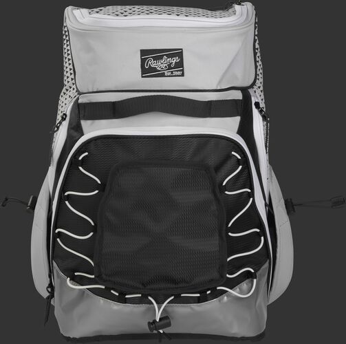 Front of a white/black R800 Rawlings softball backpack with a black patch and beaver tail external pocket