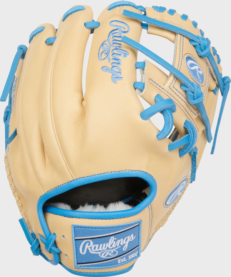Back of a camel Rawlings Pro Preferred 11.5-Inch Infield Glove with a Columbia blue Rawlings patch