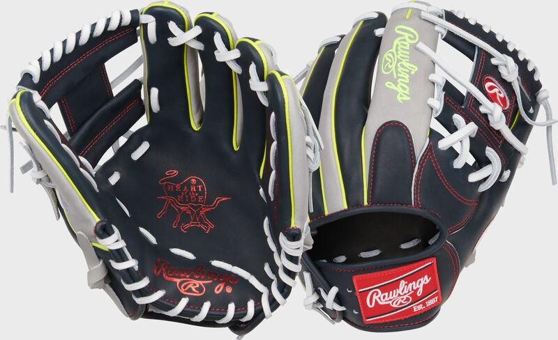 2 images showing the palm & back of a navy/gray Heart of the Hide Xander Bogaerts infield glove