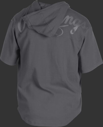 Back of a gray Rawlings Gold Collection short sleeve hoodie with a gray script Rawlings logo across the back - SKU: GJJ-GR