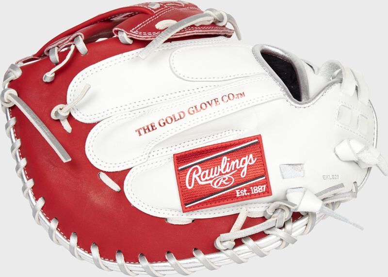 Back of a white/scarlet 34-Inch Liberty Advanced Color Series catcher's mitt with a red Rawlings patch - SKU: RLACM34FPWSP