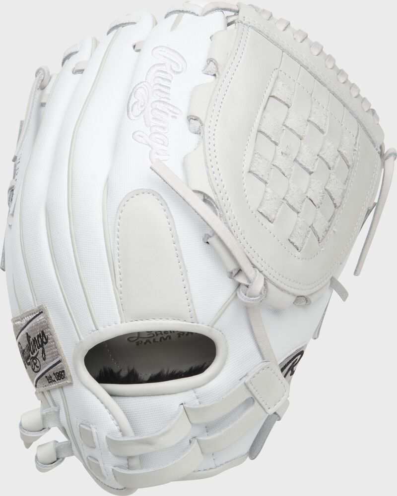 Back of a white Liberty Advanced Color Series 12-Inch basket web glove with a pull strap back - SKU: RLA120-3WSS