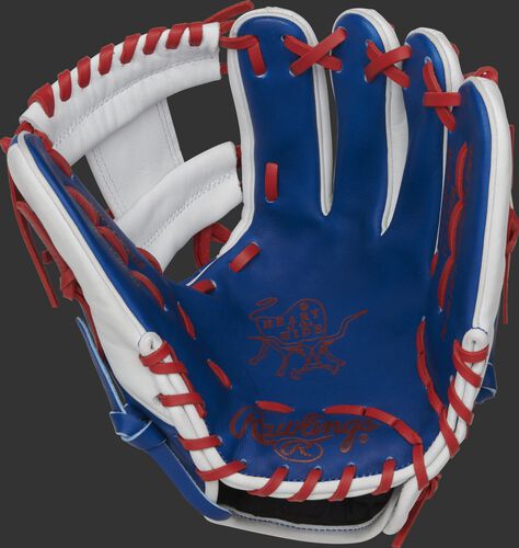 PRO204W-2DR Rawlings Heart of the Hide Dominican Republic glove with a royal palm, white web and scarlet laces