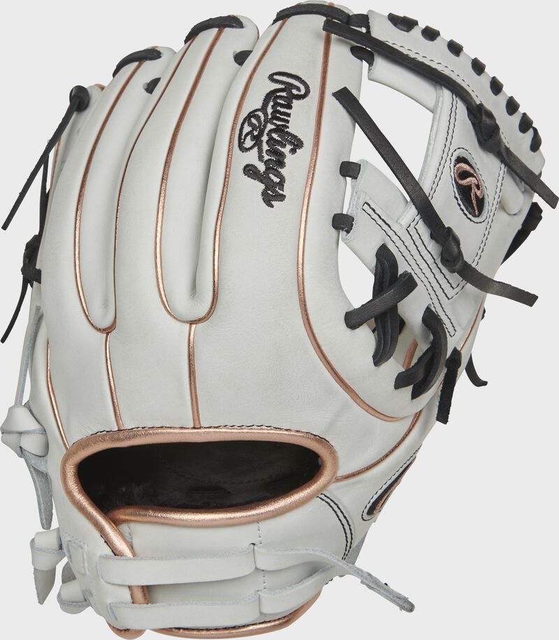 RLA715SB-2RG 11.75-inch Liberty Advanced I-web glove with a white back, rose gold binding/welting and adjustable pull strap loading=