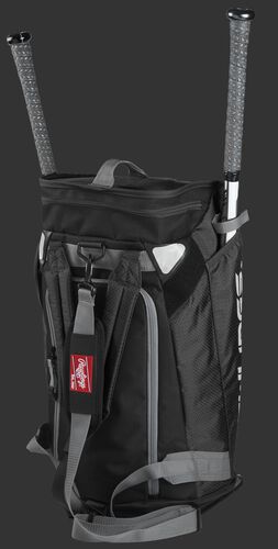 Left angle of a black R601 Rawlings Hybrid players bag with two bats