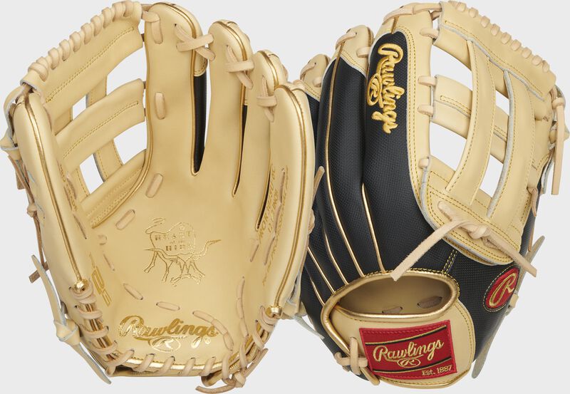Two images showing the palm & back of a camel/black 12.5" HOH R2G ContoUR Fit outfield glove