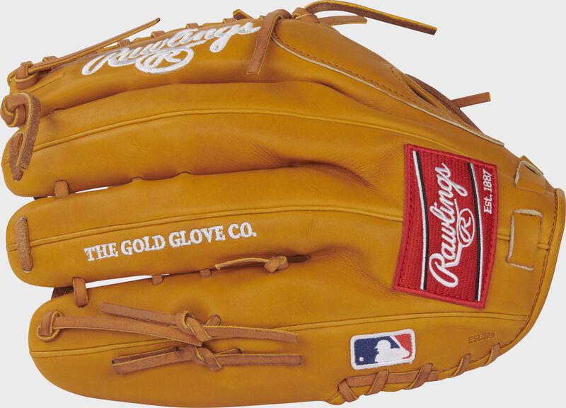 Back of a rich tan Pro Preferred outfield glove with a red Rawlings patch and MLB logo on the pinky - SKU: PROSMT27RT
