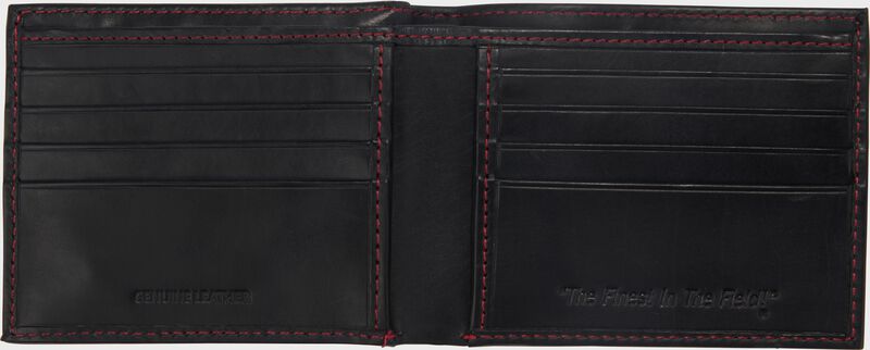 Inside of a black Rawlings Double Play bi-fold wallet opened up