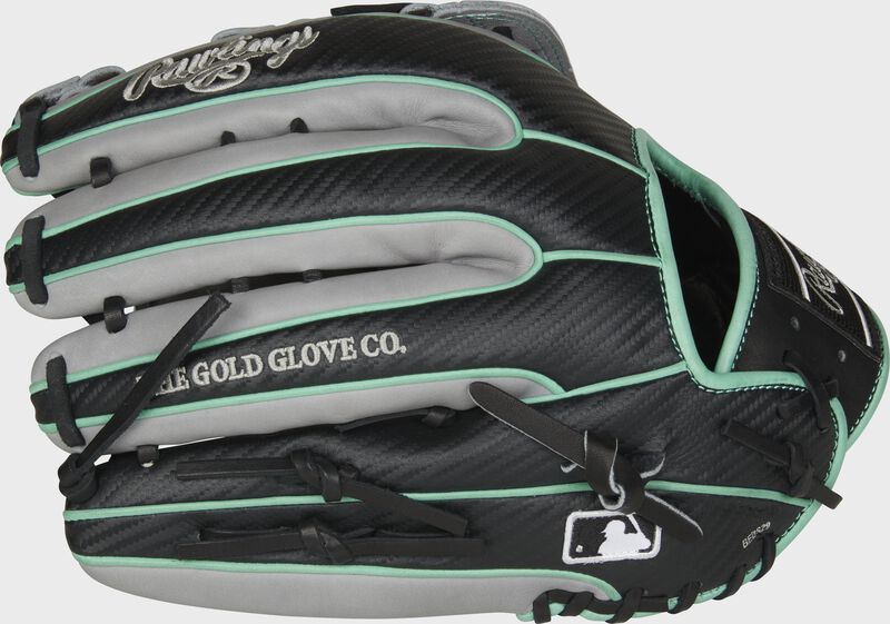Pinky back view of black, mint, and gray 2021 Heart of the Hide Hyper Shell outfield glove