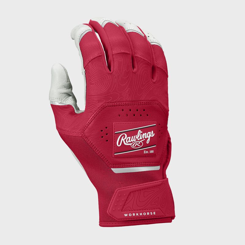 Back of a scarlet Rawlings Workhorse Batting glove