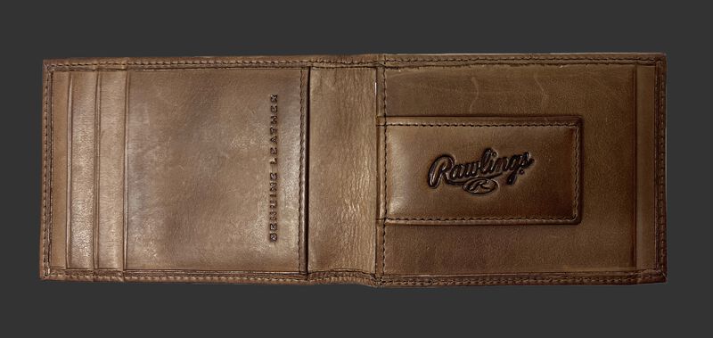 Inside of a brown Rawlings play ball front pocket wallet with a money clip - SKU MW496-200