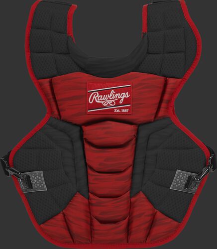 A scarlet/black CPV2N Rawlings Velo 2.0 intermediate chest protector with a striped pattern
