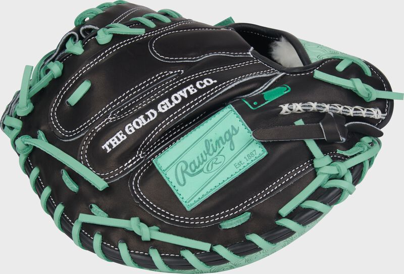 Back of a black Rawlings Pro Preferred 33-Inch Catcher's Mitt with a mint Rawlings leather patch