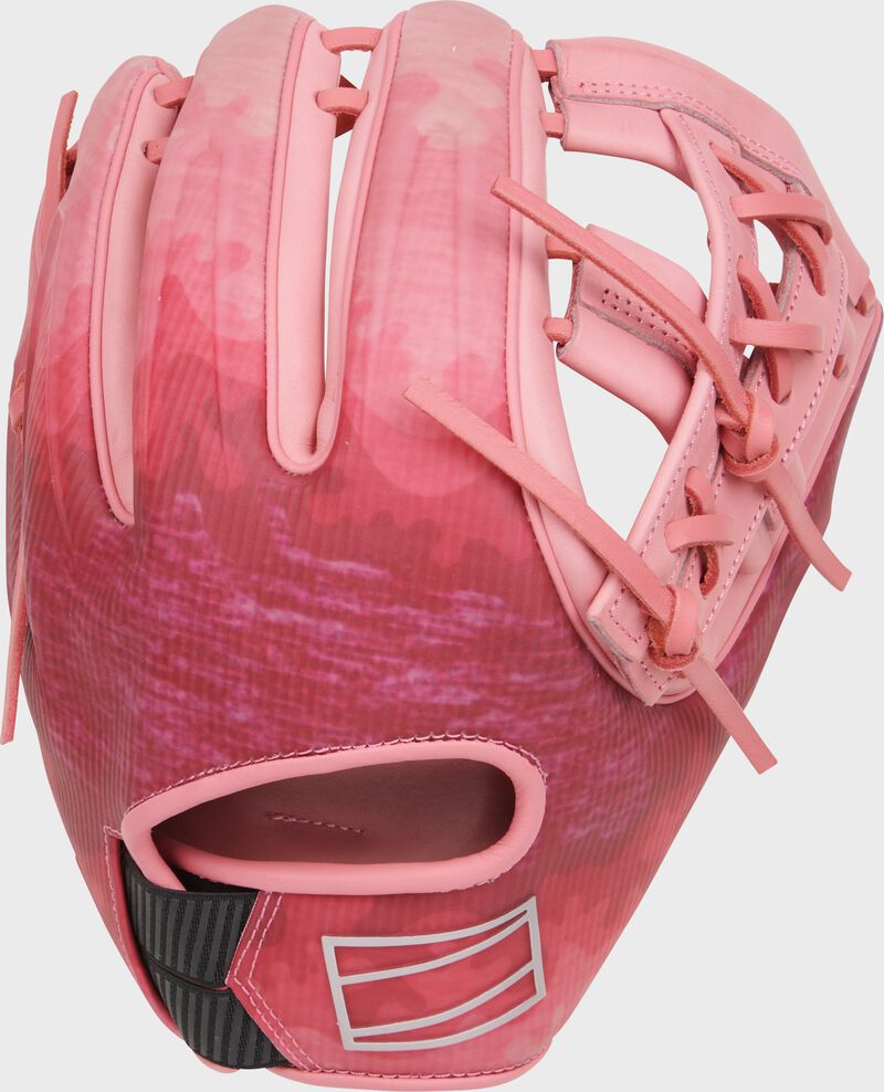 Pink sublimated design back of an exclusive Pink REV1X infield glove - SKU: REV205-32P