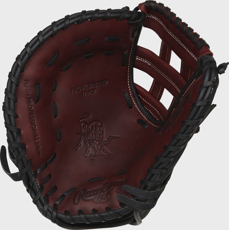 Burgundy palm of a Rawlings HOH first base mitt with a burgundy web and black laces - SKU: PROSC5PB
