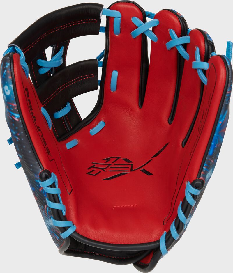 Scarlet palm of a Rawlings REV1X 4th of July glove with Columbia blue laces and royal stamping
