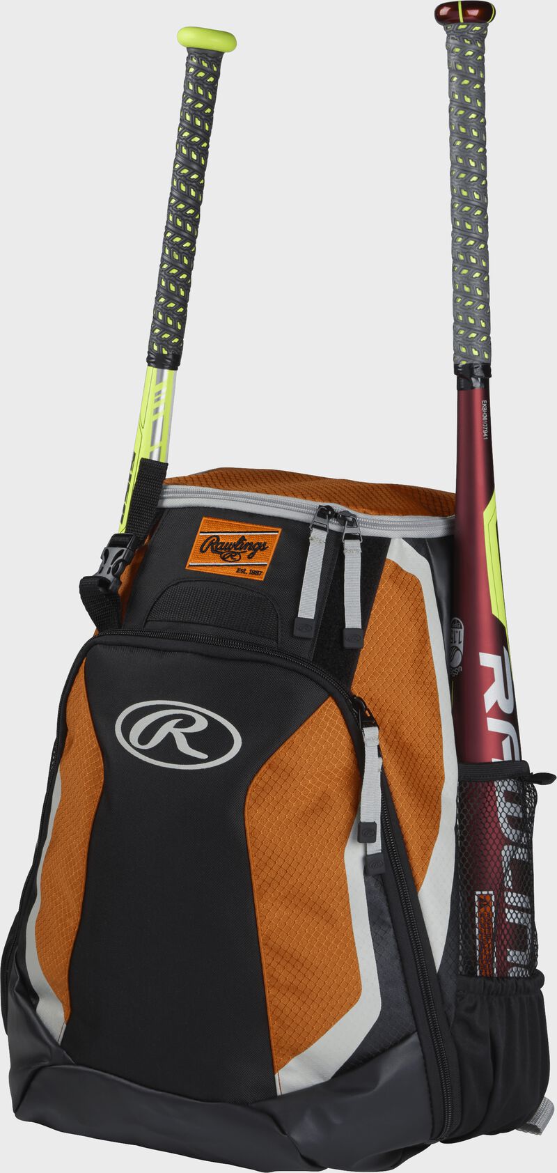 Left side of a black/orange R500 baseball backpack with a red bat in the side sleeve