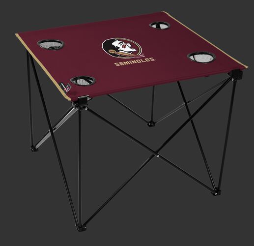 A maroon NCAA Florida State Seminoles deluxe tailgate table with four cup holders and team logo printed in the middle SKU #00713020111