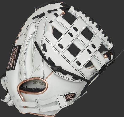 RLACM33FPRG 33-inch Liberty Advanced catcher's mitt with a white back, rose gold binding/welting and adjustable pull strap