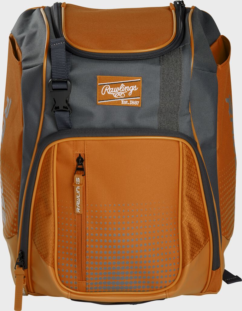 Front of an orange Franchise baseball backpack with gray accents and a orange Rawlings patch - SKU: FRANBP-O