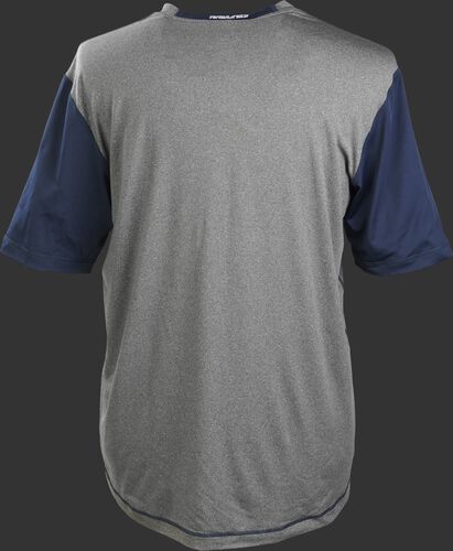 Back of a gray Rawlings Hurler short sleeve shirt with navy sleeves - SKU: HSSP-GR/N