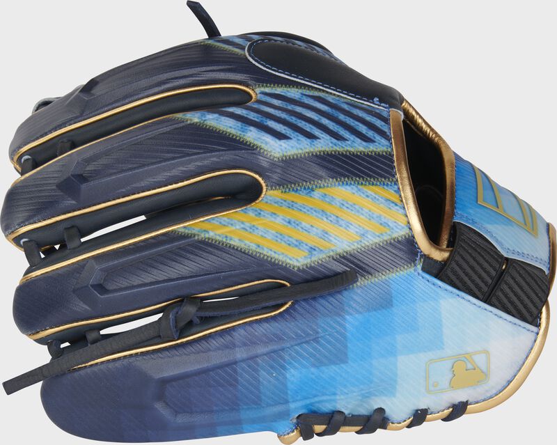 Back of a navy/Columbia blue REV1X 11.5" infield glove with the MLB logo on the pinky - SKU: REV204-2XNG