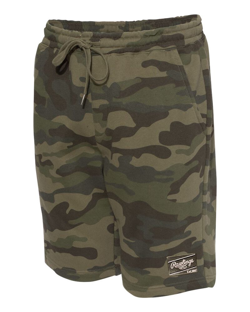 Side view of a green camo pair of Rawlings men's fleece shorts - SKU: RSGFS-CAMO