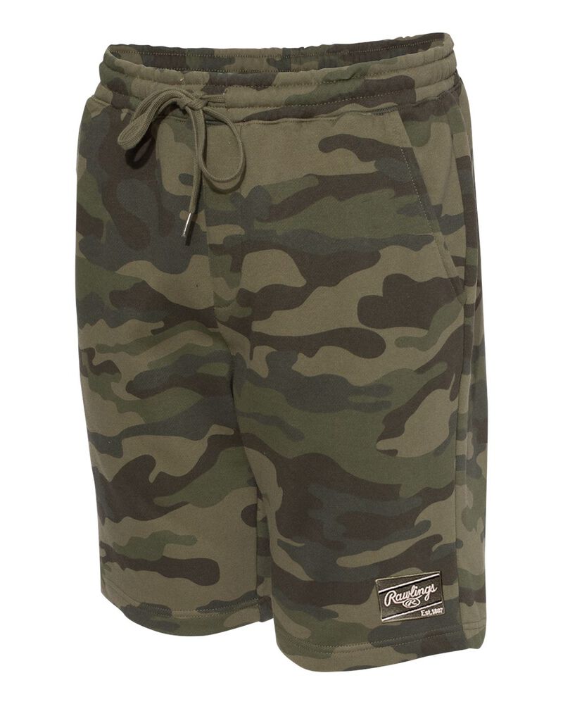 Side view of a green camo pair of Rawlings men's fleece shorts - SKU: RSGFS-CAMO loading=