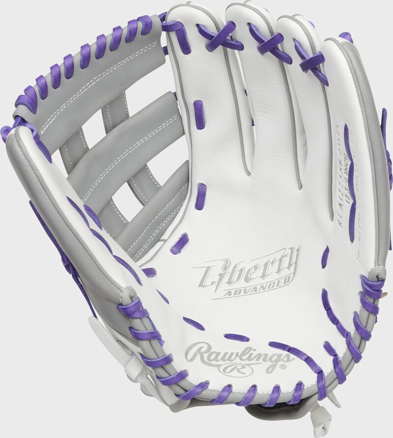 White palm of a Rawlings Liberty Advanced outfield glove with purple laces - SKU: RLA1275SB-6WPG loading=