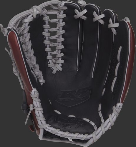 R96019BSGFS 12.75-inch Rawlings baseball glove with a black palm and grey laces