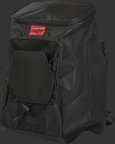 Front left of a black R600 Rawlings backpack without bats