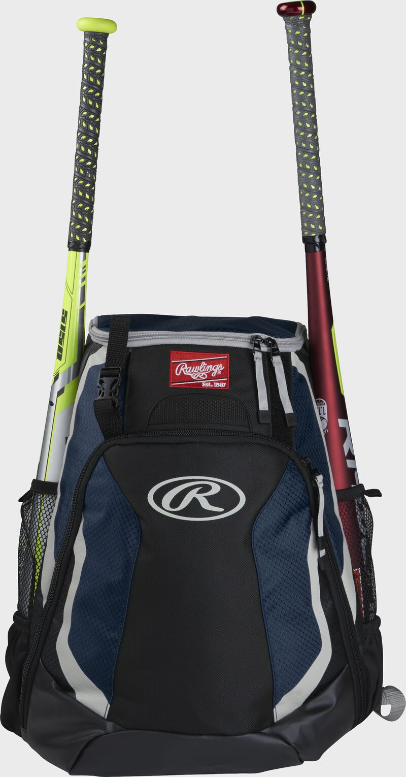 A black/navy R500 Rawlings equipment backpack with a bat on each side