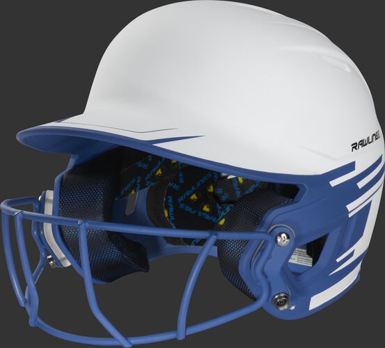 Front left of a white/royal Mach softball helmet with a royal mask - SKU: MSB13S-W/R