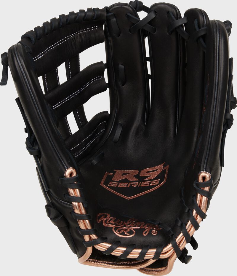 Black palm of a Rawlings R9 Series fastpitch glove with gold stamping and black laces