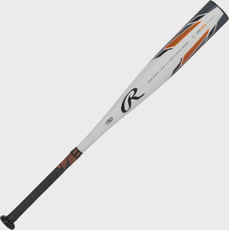 A gray/orange Threat -12 USSSA bat shown angled bottom left to top right - SKU: RUT4T12