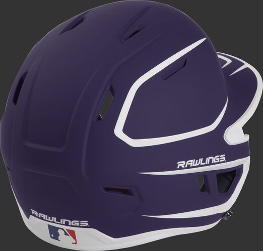 Back right of a two-tone matte purple/white MACH Rawlings senior size batting helmet