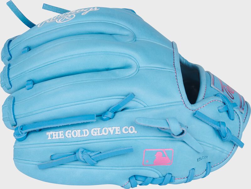 Back of a Heart of the Hide 11.5-Inch Columbia Blue Infield Glove with the MLB logo on the pinky