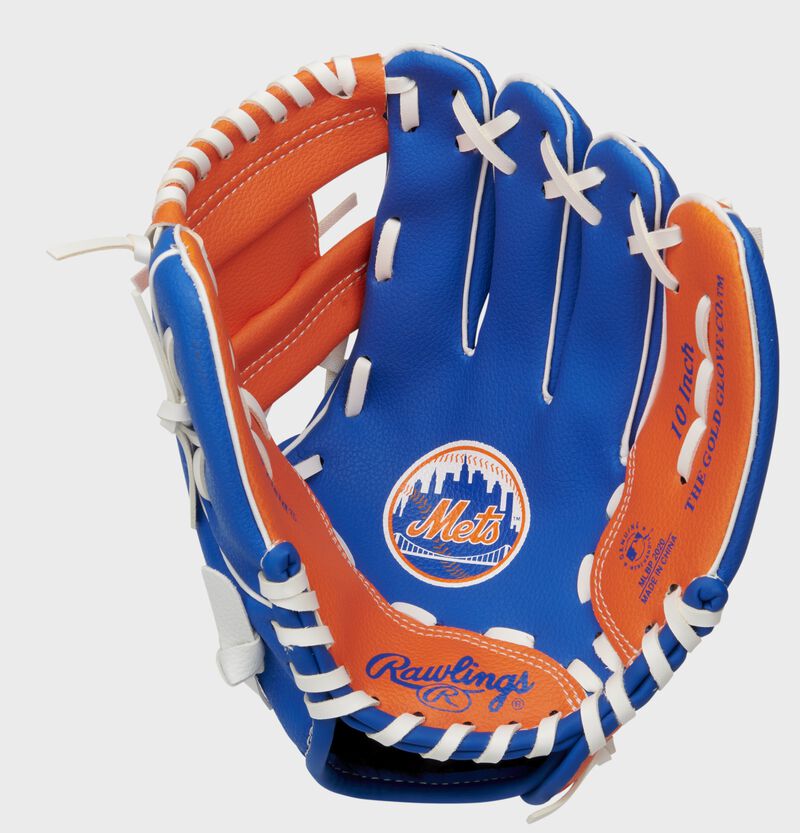 A blue/orange Rawlings New York Mets youth glove with a Mets logo stamped in the palm - SKU: 22000017111