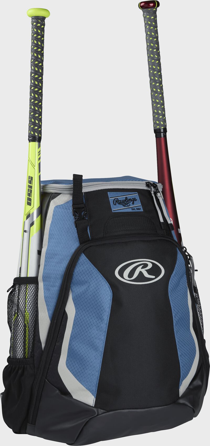 Right side of a black/columbia blue R500 Rawlings baseball backpack with a white bat in the bat sleeve
