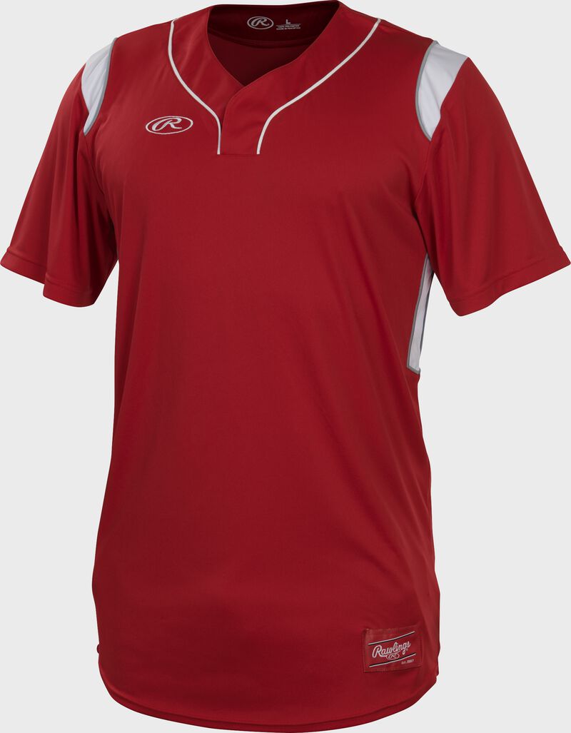 A scarlet Rawlings short sleeve hidden button jersey with white shoulder inserts - SKU: HBJ-S