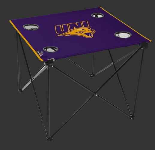 A purple NCAA Northern Iowa Panthers deluxe tailgate table with four cup holders and team logo printed in the middle SKU #00711326111