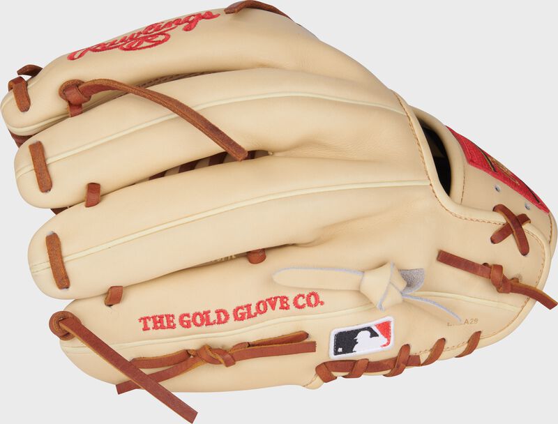 Camel back of a Heart of the Hide 11.75" Modified Trap-Eze web glove with the MLB logo on the pinky