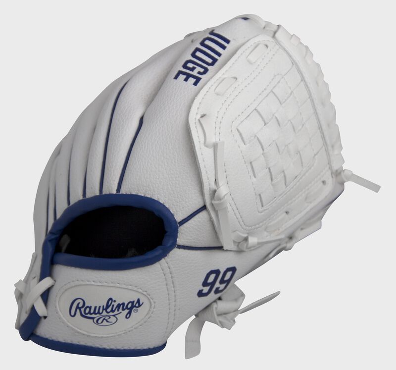 Shell back view of navy and white Rawlings MLBPA 9-inch Aaron Judge Player glove