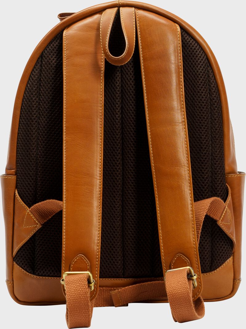 Back of a tan Rawlings Double Play mini backpack with tan shoulder straps