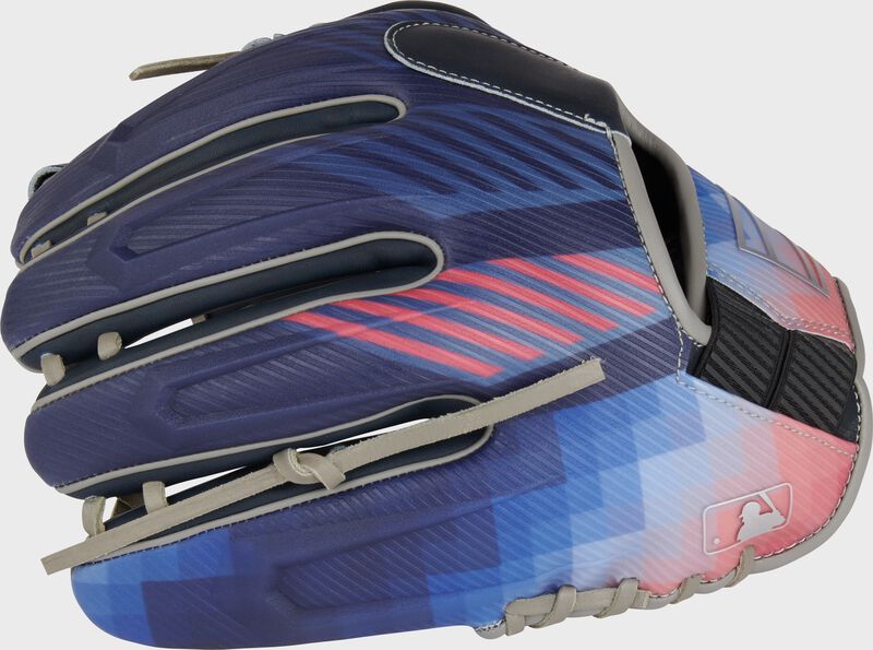 Navy/pink print design back of a REV1X Bo Bichette infield glove with the MLB logo on the pinky - SKU: REV205-2XN