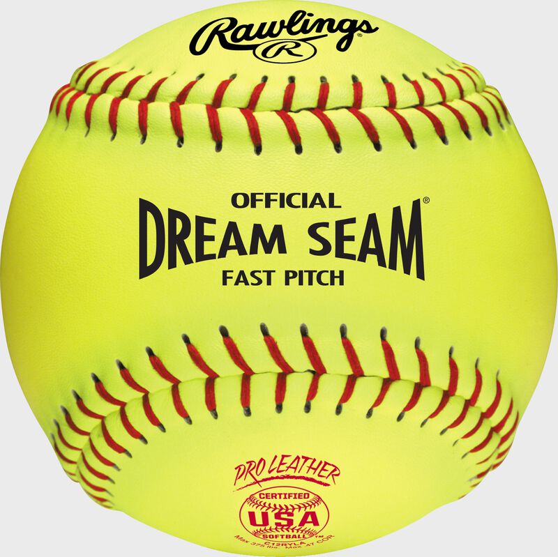 A yellow Rawlings 12-Inch official USA fastpitch softball with red seams