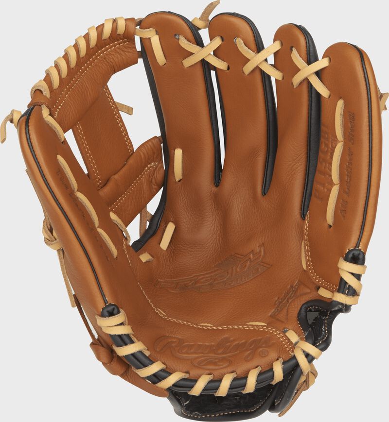 Palm view of a P115GBI Rawlings youth Prodigy baseball glove with a golden brown palm, camel laces and Sure Catch design loading=