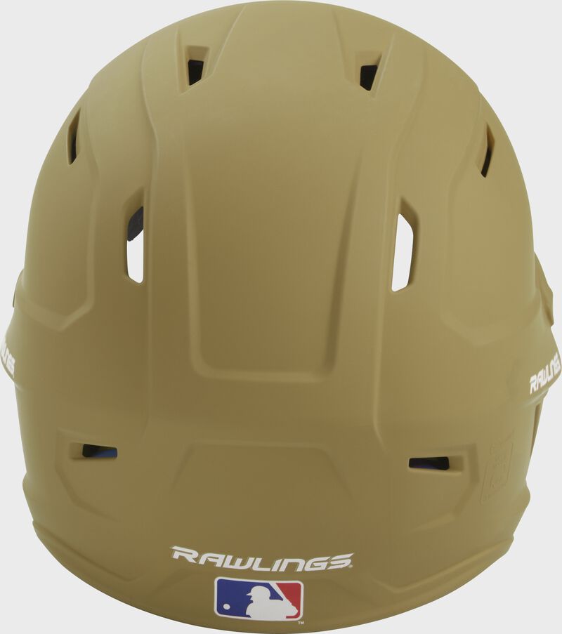 Back of a Vegas gold MACH high performance helmet with the Official Batting Helmet of MLB logo