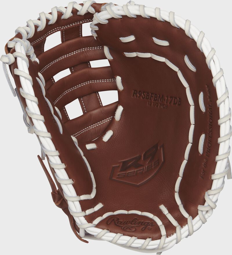 Palm view of a brown R9SBFBM-17DB Rawlings 12.5-inch softball first base mitt with a brown palm and white laces