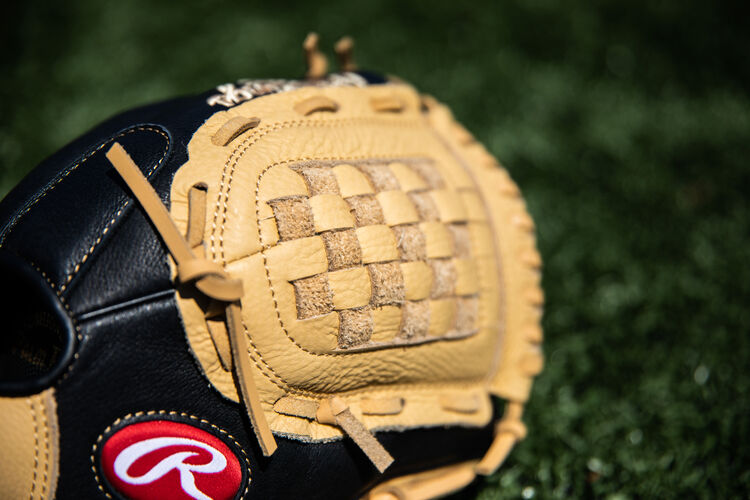 Camel Basket Web on a Rawlings Prodigy glove lying on a field - SKU: P110CBB
